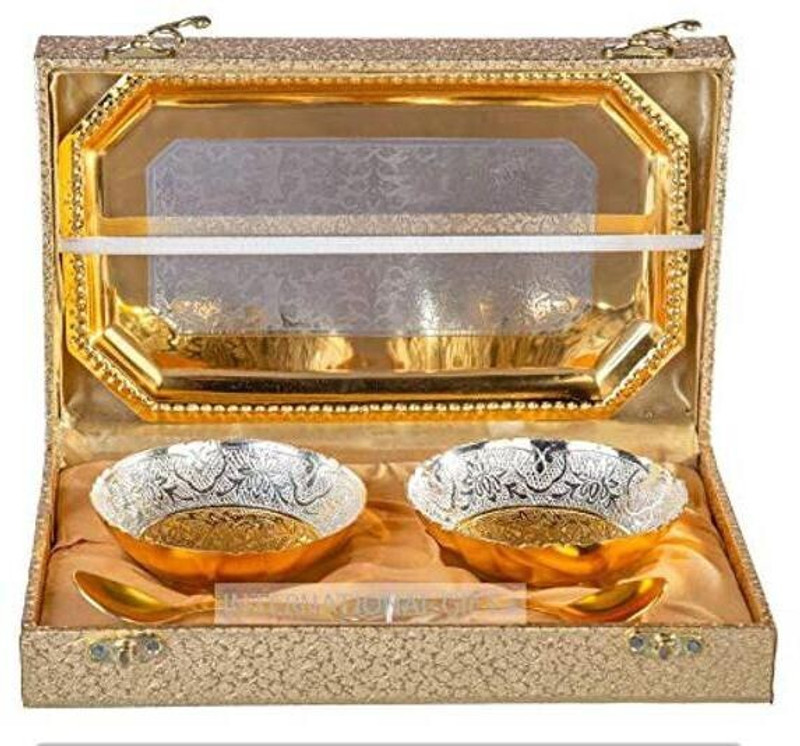 INTERNATIONAL GIFT Silver Plated ( 2 Set ) Round Bowl, Spoon & Tray With Box" Bag | For Dry Fruit Bowl Serving Set(Pack of 1)