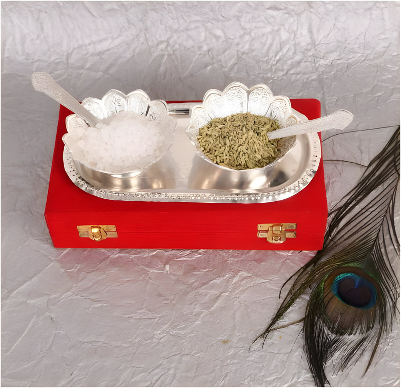 Wanzhow German Silver Plated Bowl Set Bowl, Spoon, Tray Serving Set(Pack of 1)