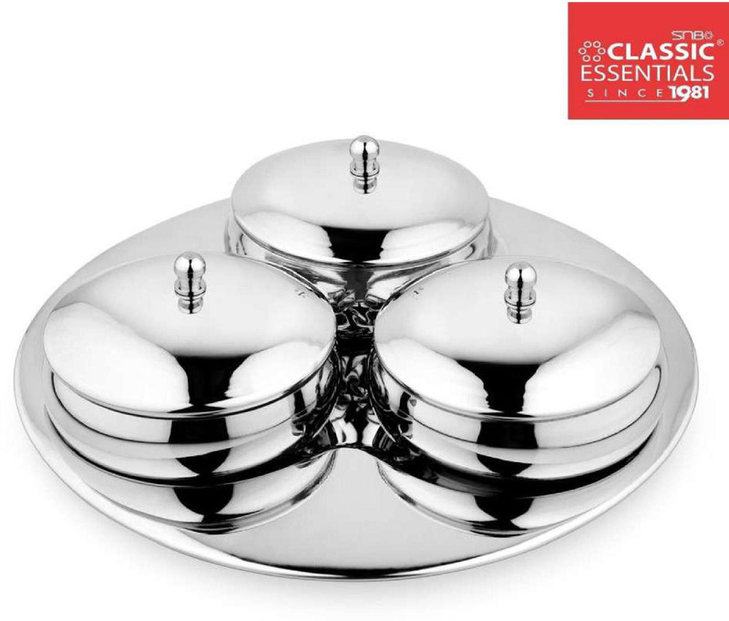 Classic Essentials Stainless Steel Multipurpose Dry Fruit Serving Bowl Set with Lid and Tray | Bowl, Tray Serving Set(Pack of 4)