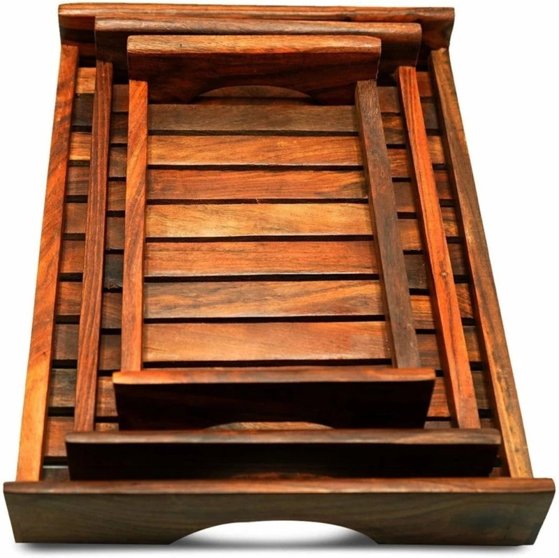 Craftycreations Crafty Creation Sheesham Wooden Serving Tray, -Set of 3 Tray Serving Set(Pack of 3)