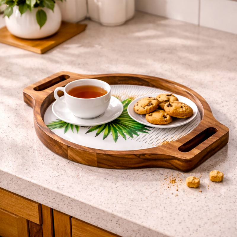 THE INDIAN AURA Wood frame with Enamel‑coated base Tray Serving Set(Pack of 1)