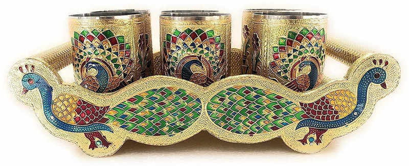 vedvit Stainless Steel Meenakari Flower Drinking Glass with Serving Tray Juice Glass Tray, Glass Serving Set(Pack of 1)