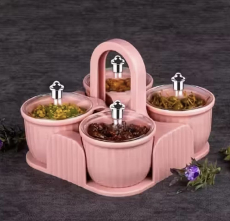 Fashion Flair SpiceMaster 4 Container Masala Box with Stand & Transparent Lid (Pink) Container Serving Set(Pack of 1)