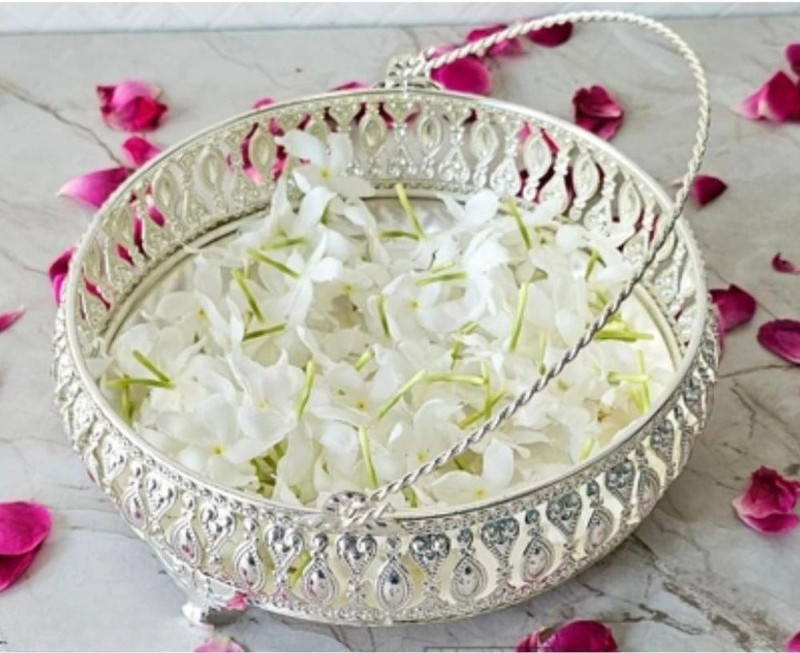 Venkata Durga Fancy Store German Silver Tray with Handle 8 Inch Decorative Silver Trays for Gifting Tray Serving Set(Pack of 1)
