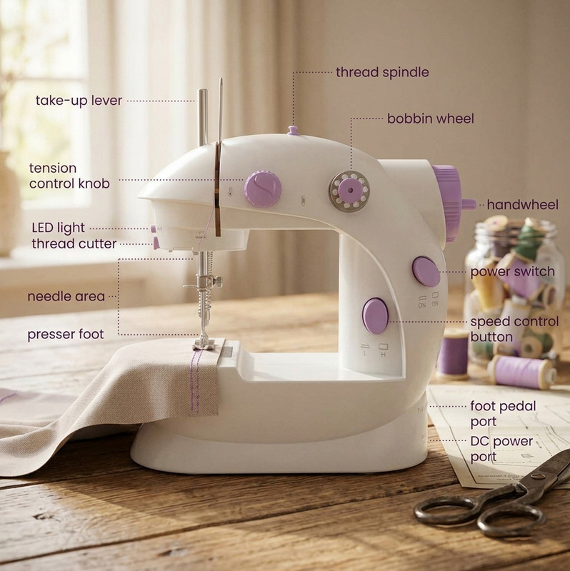 Dozy Mini Electric Sewing Machine, for Dress Design | Portable Home Tailoring Electric Sewing Machine 30 built-in stitches 150 SPM Multicolor