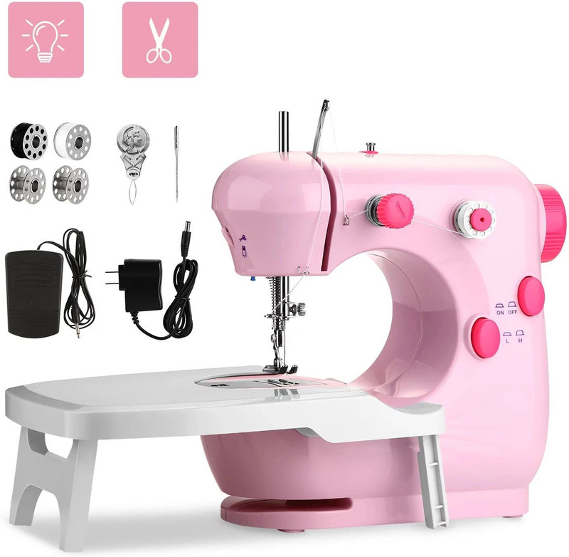 Radhe Portable for Beginners with Light and Extension Table, Dual Speed Electric Sewing Machine 1 built-in stitches 350 SPM Pink