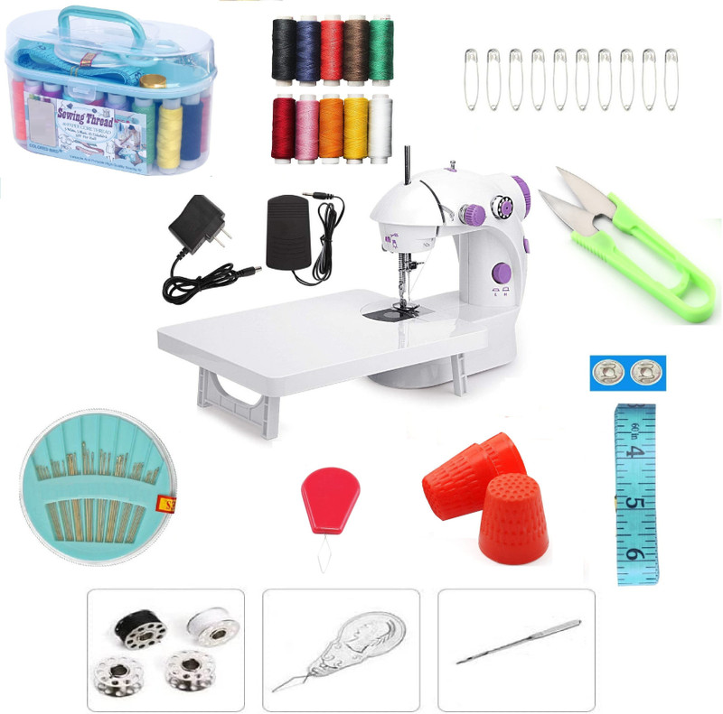 LATESHOP Portable & Compact Mini Sewing Machine with Extension Table, And Sewing Kit Box, adapter and foot pedal Portable Dual Speed ​​Beginner Sewing Machine with Light Electric Sewing Machine 30 built-in stitches 100 SPM White