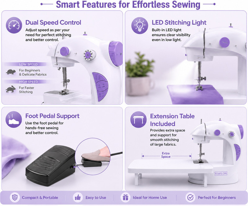 Kiwilon portable sewing machine tailoring sewing machine stitching machine mini silai Electric Sewing Machine 2 built-in stitches 101 SPM Purple