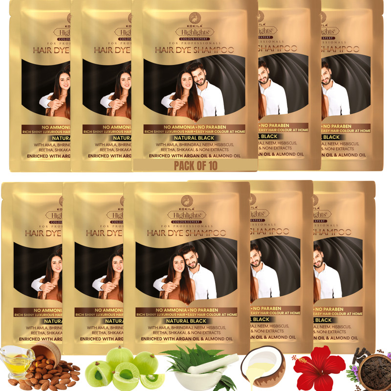 KOKILA Pack of 10 (25Ml Each) Natural Black Hair Color Shampoo Sachet for Men & Women , Natural Black