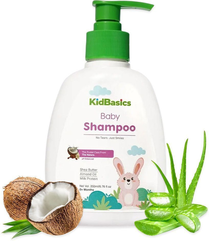 KIDBASICS Baby Shampoo for Soft Hair | Almond Oil & Milk Protein | Tear-Free Formula(200 ml)