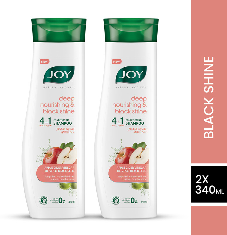 Joy Natural Actives Deep Nourishing & Black Shine 4 in 1 Multi Action Conditioning Shampoo for Dull Hair | With Apple Cider Vinegar, Amla, Back Seed & Olive Oil | Hair Conditioning Shampoo ( Pack of 2 X 340ml )(680 ml)