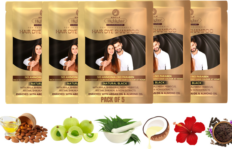 KOKILA Pack of 5 (25Ml Each) Natural Black Hair Color Shampoo Sachet for Men & Women , Natural Black