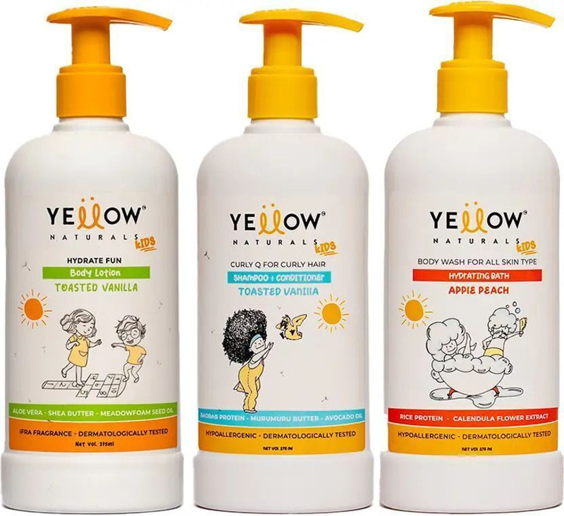 Yellow Naturals Kids Body Lotion + Body Wash + Curly Hair Shampoo – Combo Kit(825 ml)