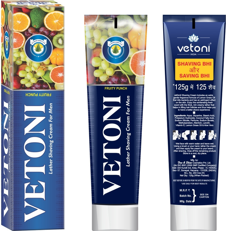 VETONI Shaving Cream with Fruity Punch| With Vitamin-E, Fresh Scent |(125g) Pack of 5(500 g)