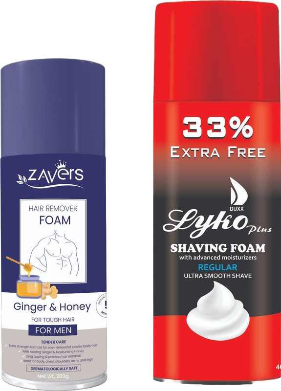 Zavers Hair Remover Foam For Men (200 GRM) + DUXX LYKO Plus Shaving Foam Regular(400 ml)