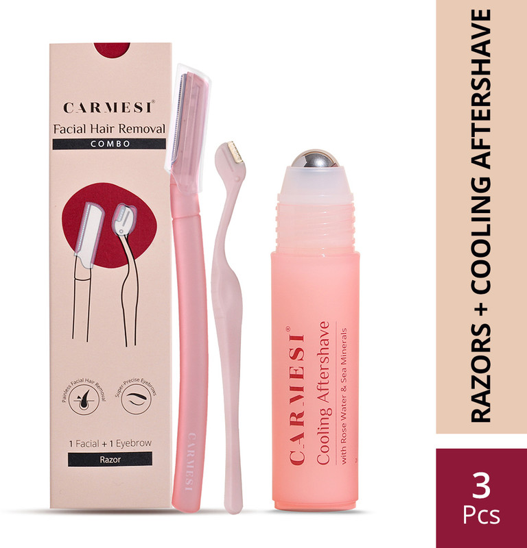 Carmesi Face Shaving Kit - 1 Face Razor, 1 Eyebrow Razor, 1 Cooling Aftershave Roll On, Women(Pack of 2)