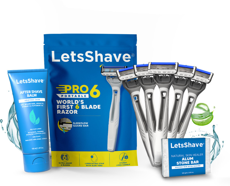 LetsShave Pro 6 Portable Shaving kit with Pre & Post Shave care, World's 1st 6 Blade razor, Men(Pack of 7)