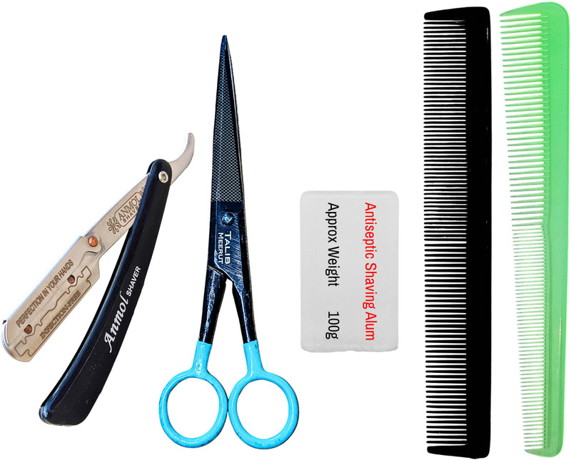 SAZIC Straight Shaving Razor Kit with Blades, Alum Block & 6" Scissor For Home & Salon, Men & Women