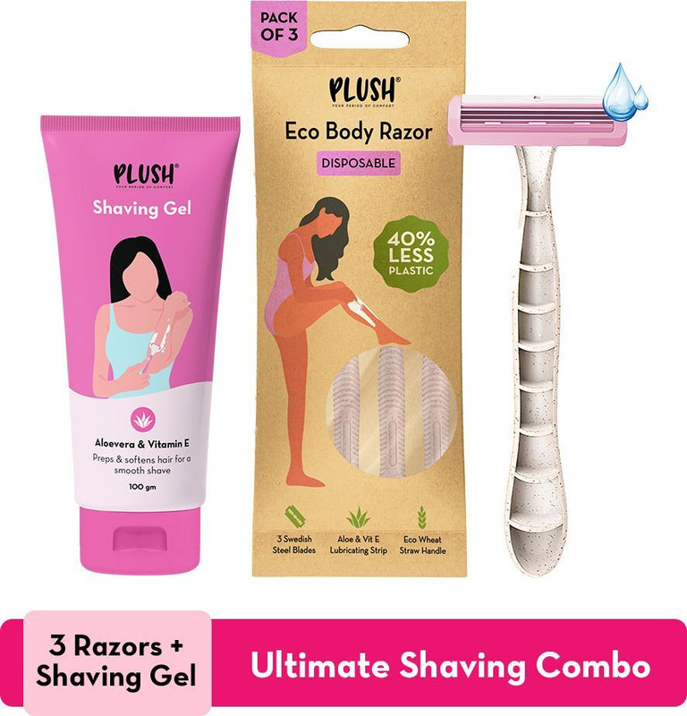 PLUSH Disposable Eco Razor With All Natural Shaving Gel (100gm) For Women, Women, Women(Pack of 3)
