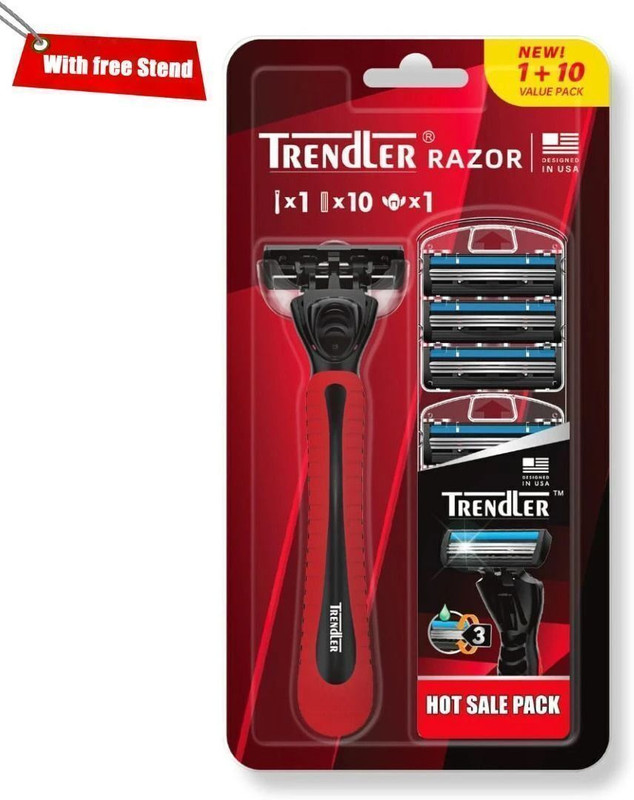 TRENDLER Red Razor with a 1 handle, 3-blade system & 10 cartridges, with Free stand, Men