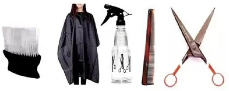 SHALIMAR SCISSORS COMPANY Salon Accessories Scissor,Spray Bottle,Haircutting Apron ,1 Comb,1 Neck Brush, Men & Women(Pack of 5)