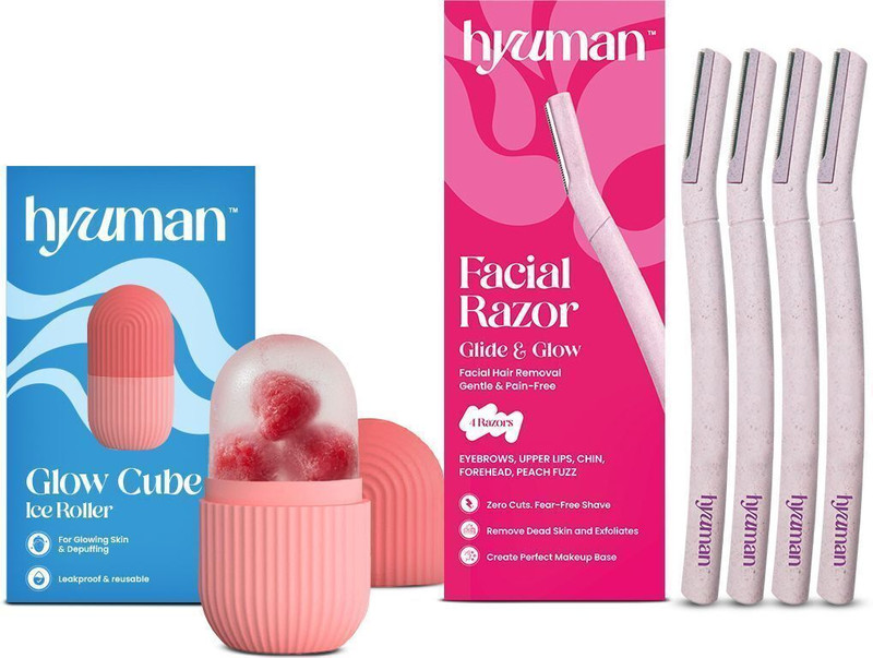 Hyuman Combo Face Razor & Ice Roller - 4 Unit Razors + 1Unit Ice Roller For Smooth Skin, Women(Pack of 5)