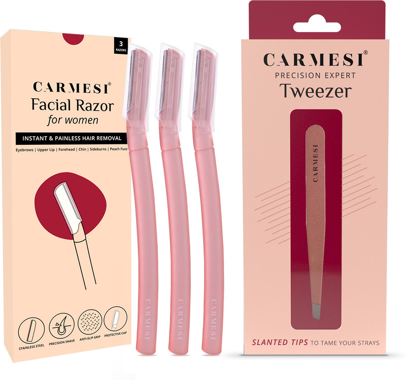 Carmesi Face Hair Removal Combo - 3 Face Razors & 1 Tweezer | No Cuts or Irritation, Women(Pack of 4)