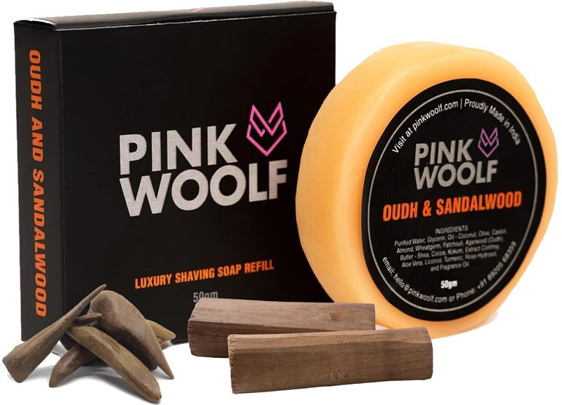 Pink Woolf Luxury Shaving Soap (REFILL) for Men – Rich Energizing Lather for a True Wet Shaving Experience – Deeply Moisturizing and Nourishing – Natural and Vegan (Oudh & Sandalwood) Shaving Soap(50 g)