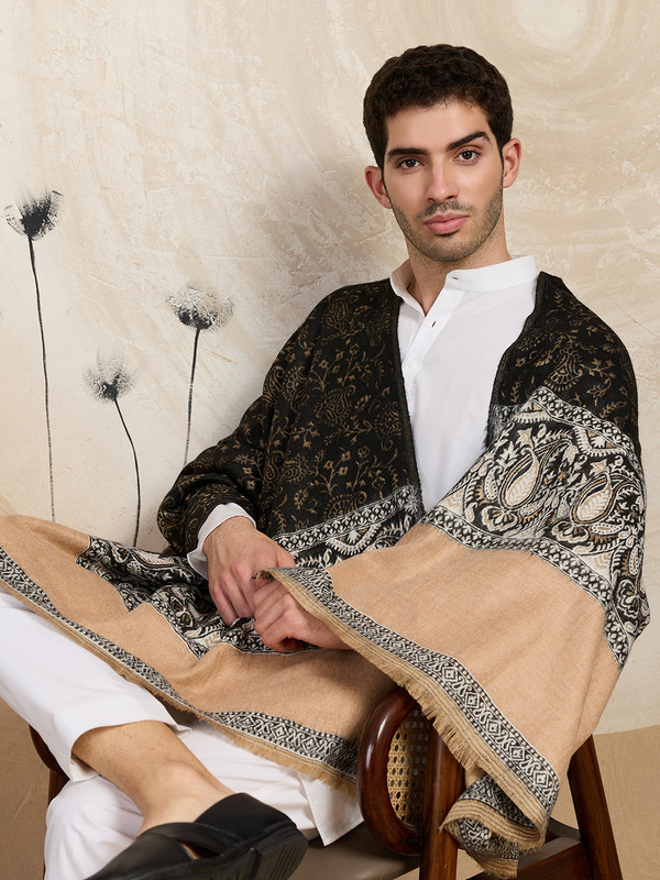 GREEN AGRITECH Polyester Wool Blend Woven, Self Design Men Shawl(Beige, Black)