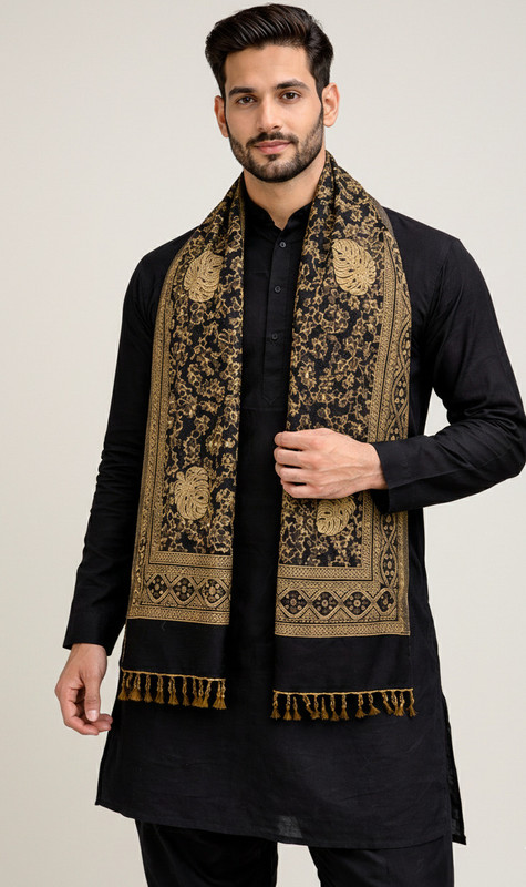 Noorfabric Poly Wool Printed Men Shawl(Black)