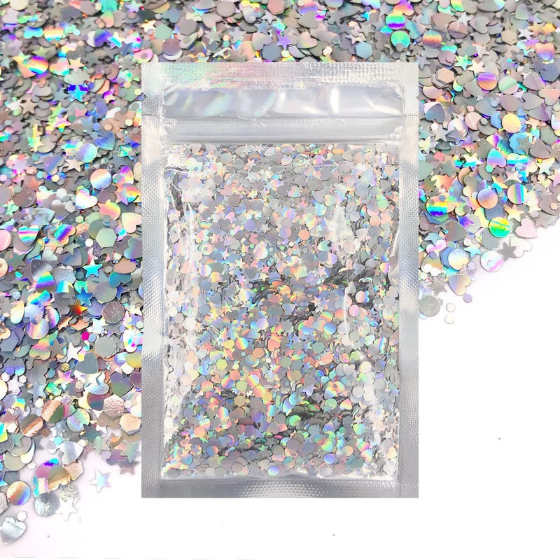 Mahir Glitter HOLOGRAPHICS CHUNKY GLITTER FOR NAIL ART & EYESHADOW & ART AND CRAFT(Holographic Silver)