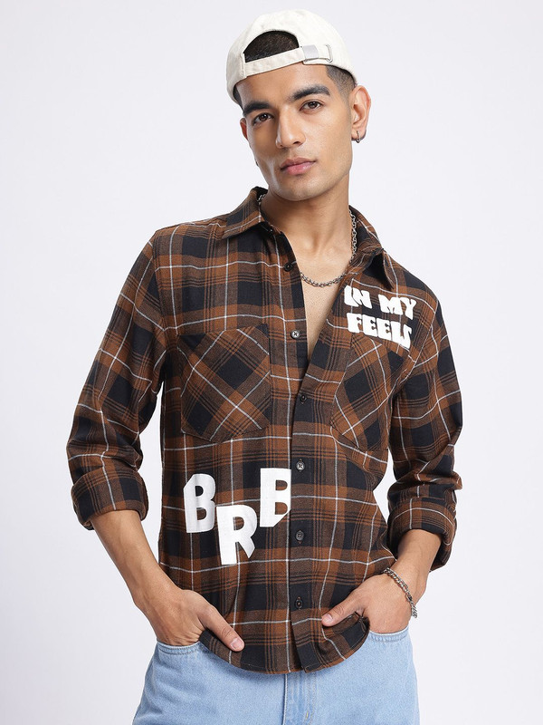 Glitchez Men Checkered Casual Brown Shirt