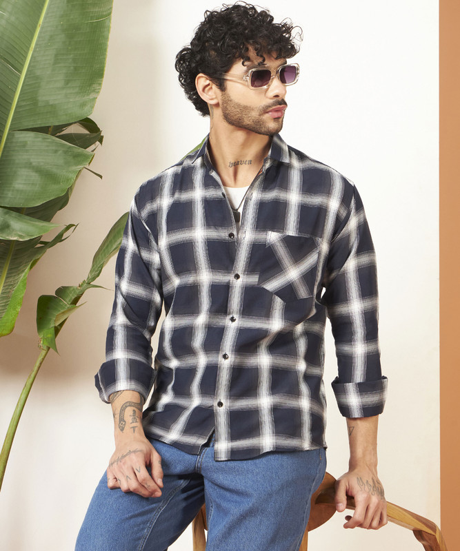 WOXEN Men Checkered Casual Blue, White Shirt