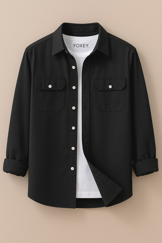 FOXEY Men Solid Casual Black Shirt