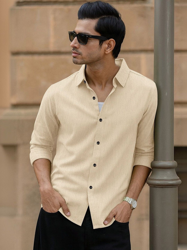 Mast & Harbour Men Solid Casual Beige Shirt