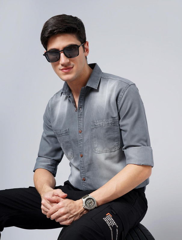 GRAND STITCH Men Washed Casual Grey Shirt