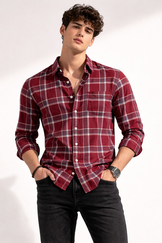 RIVERWEAR Men Checkered Casual Red Shirt