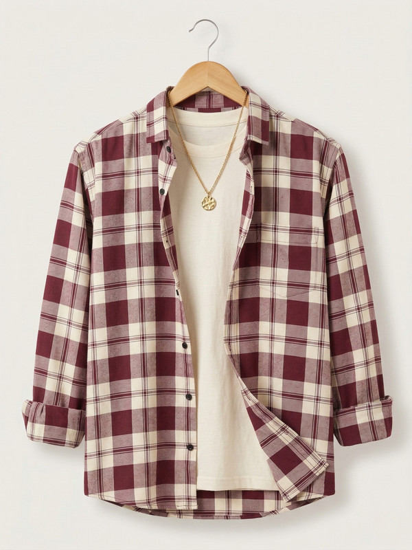 WOXEN Men Checkered Casual Maroon, Cream Shirt