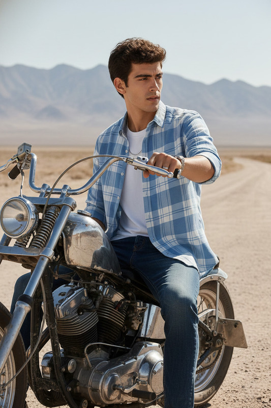 S-LINE Men Checkered Casual Light Blue Shirt