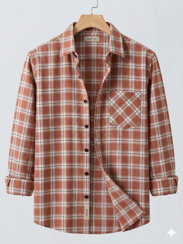 MBF66 Men Checkered Casual Orange, White Shirt