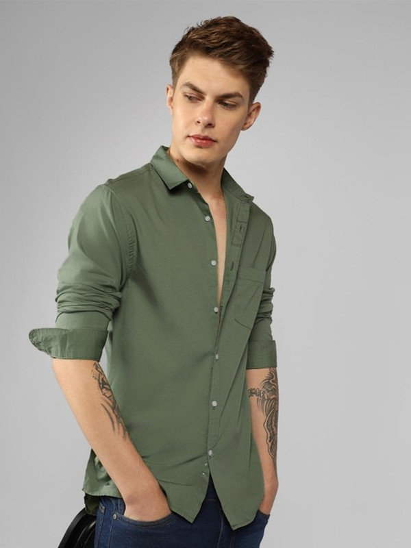 KISROLI Men Solid Casual Light Green Shirt