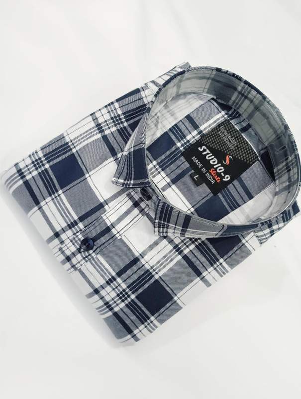 Studio-9 Men Checkered Casual White, Blue Shirt