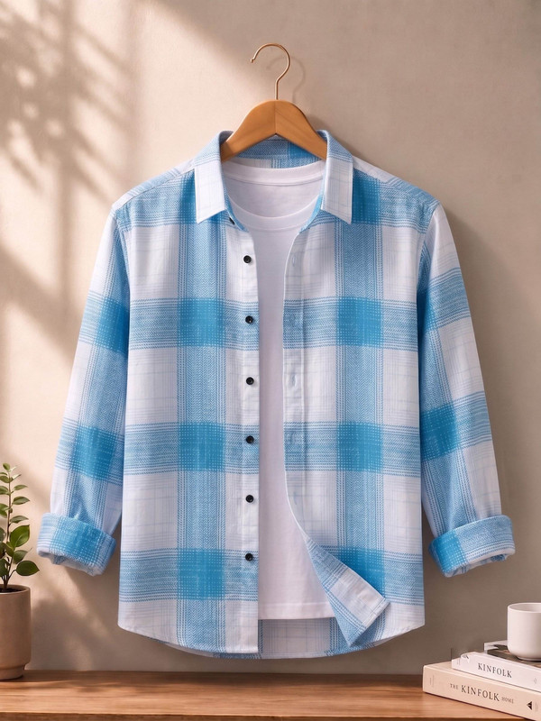 ZONANZA Men Checkered Casual White, Blue Shirt