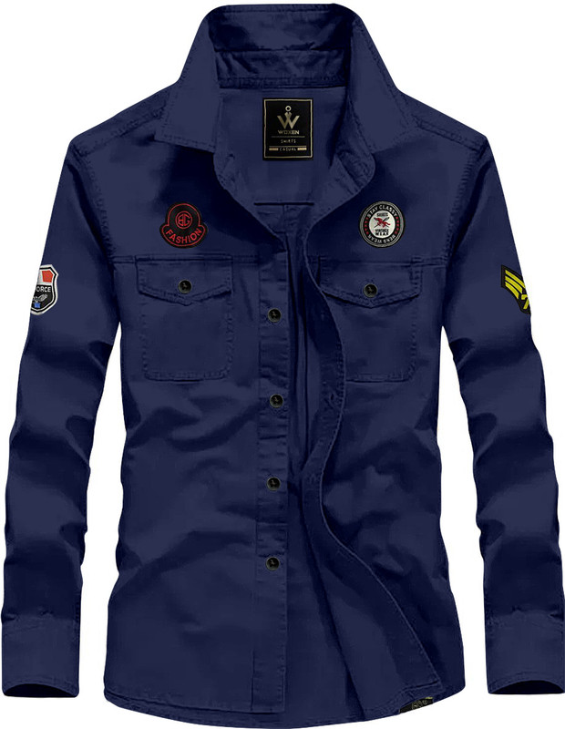 WOXEN Men Solid Casual Dark Blue Shirt