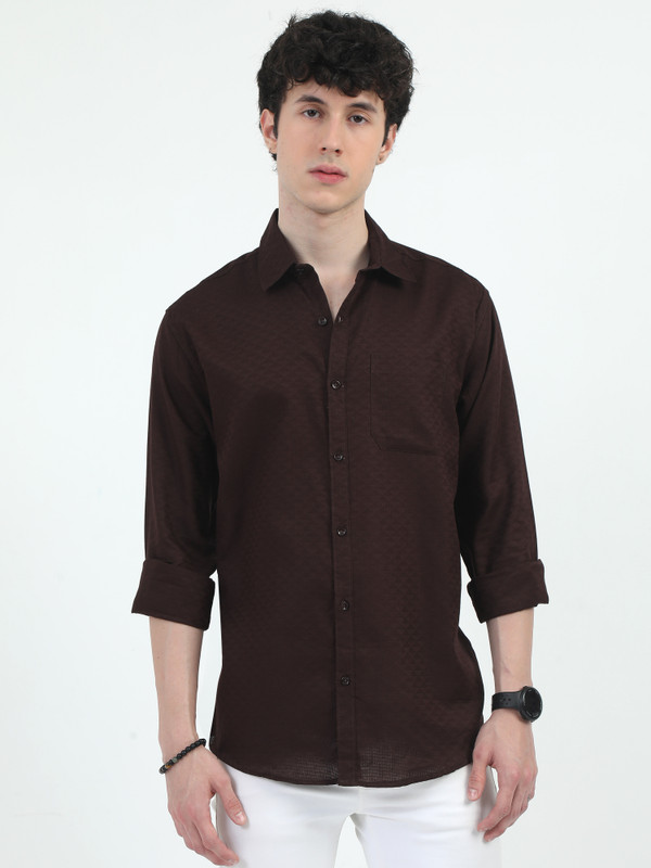 WMB Men Self Design Casual Brown Shirt