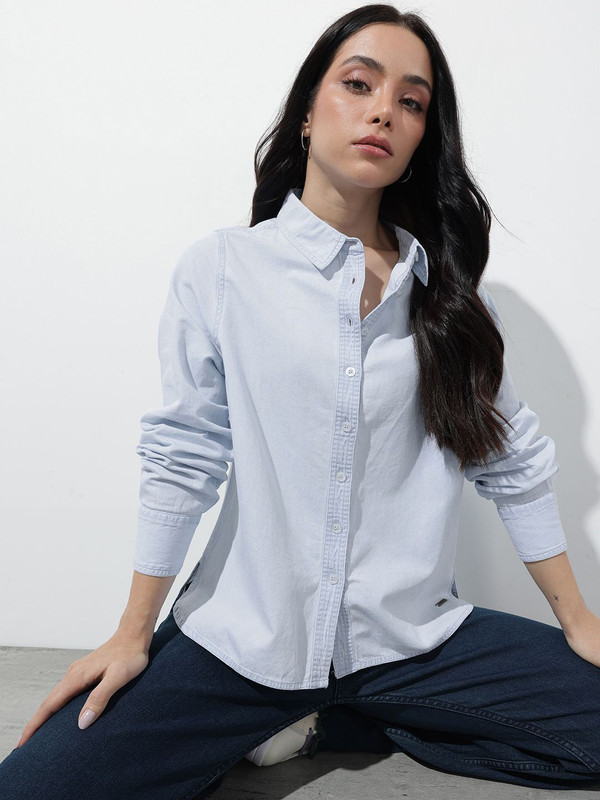 Roadster Women Washed Casual Blue Shirt