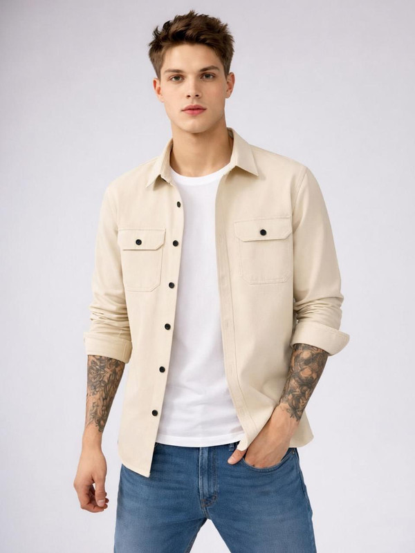 JCOSTA Men Solid Casual Cream Shirt