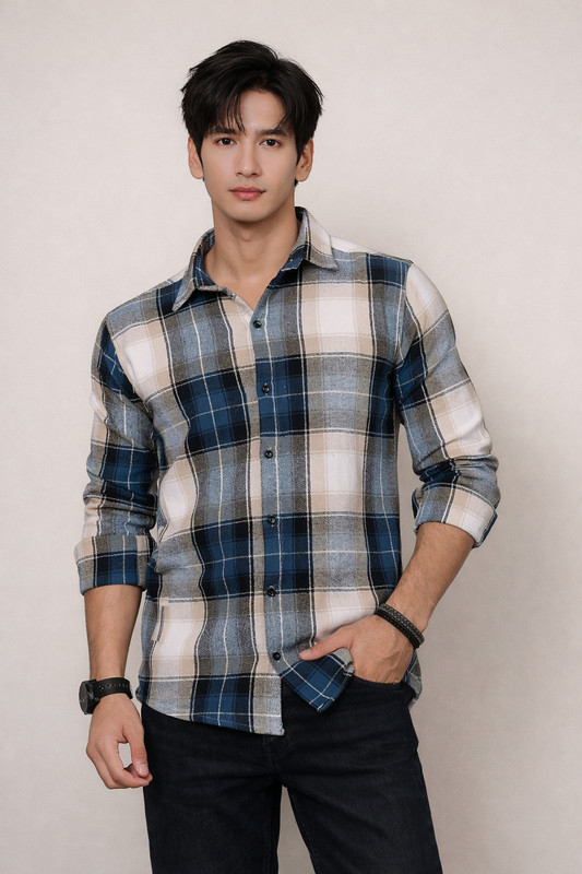 THE BRAVES MANUFACTURER Men Checkered Casual Light Blue Shirt