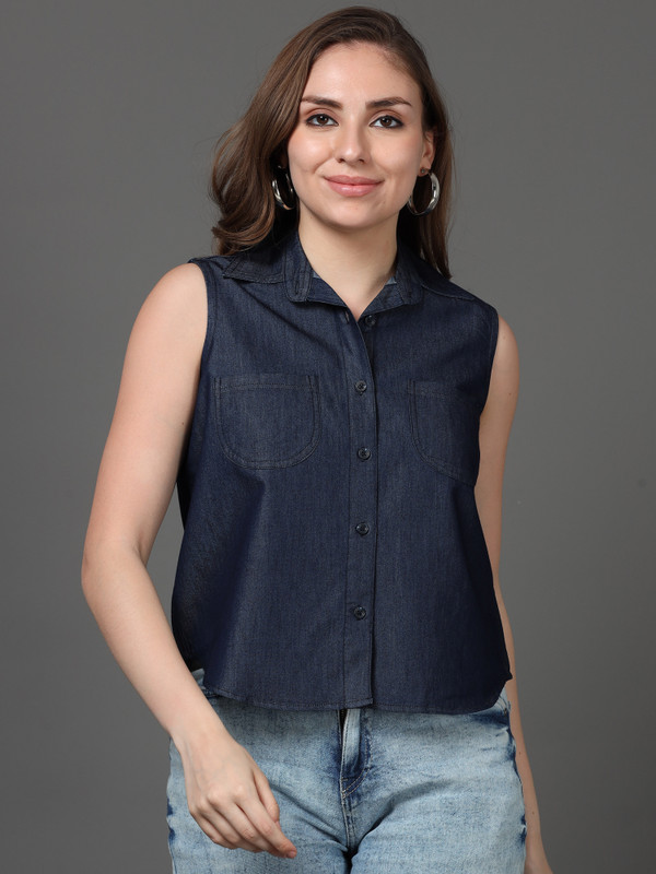 CAZZBA Women Solid Casual Blue Shirt