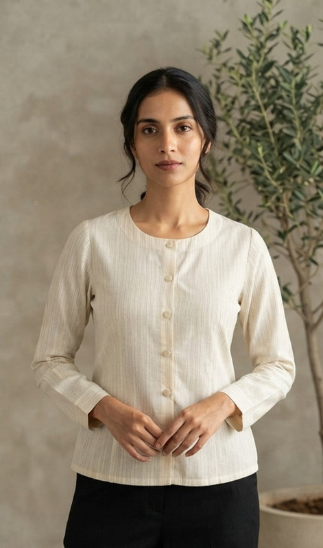 EECANTA Women Striped Formal Beige Shirt